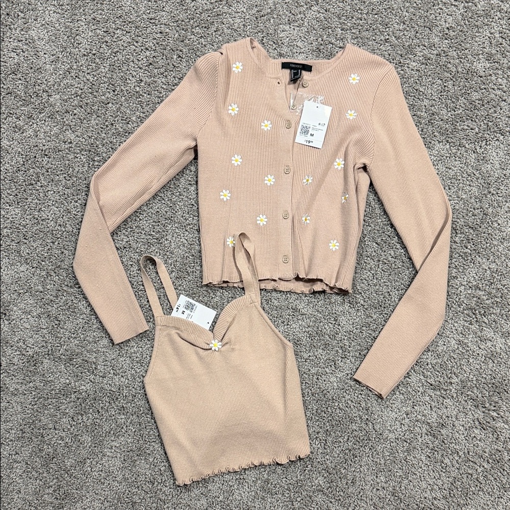Forever 21 Pink Floral Cardigan and Tank Set